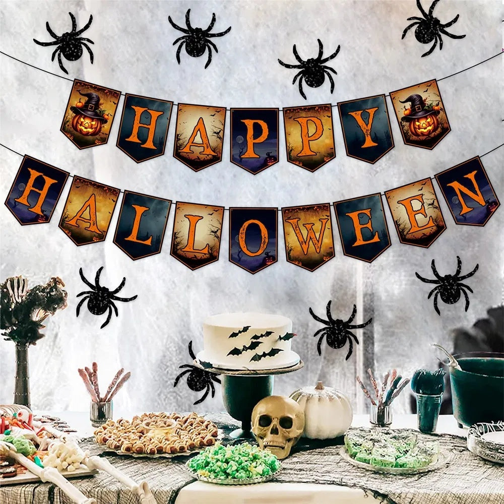 Happy Halloween Banner & Hanging Spider Garland 🎃🕷️