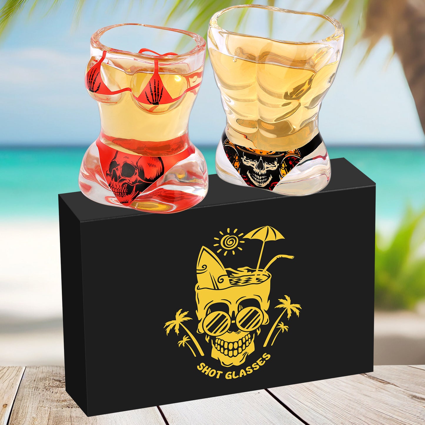 2 Pieces Skull-Style Small Shot Glasses – Black Muscle & Red Bikini Designs 🍷💀