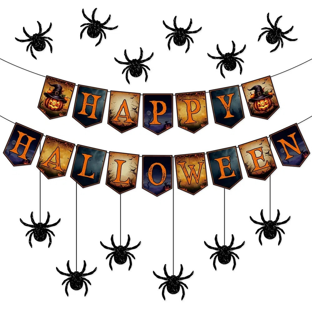 Happy Halloween Banner & Hanging Spider Garland 🎃🕷️