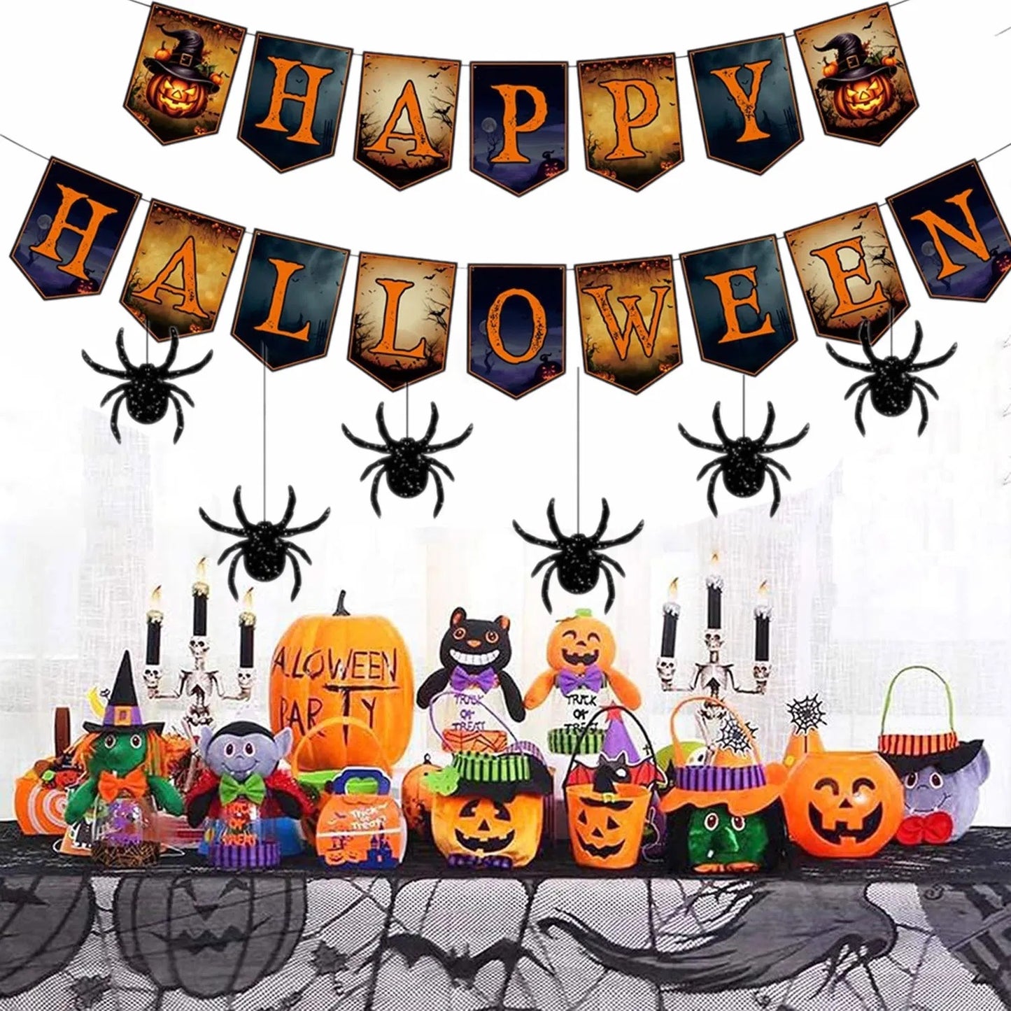 Happy Halloween Banner & Hanging Spider Garland 🎃🕷️