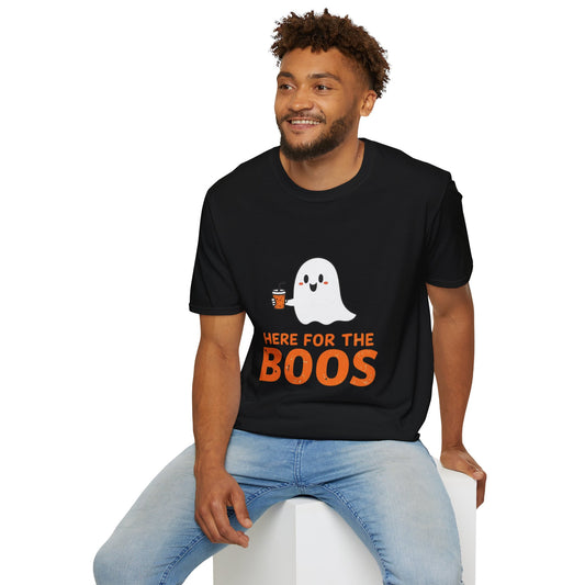 Halloween Ghost T-Shirt, Funny Halloween Tee, Unisex Softstyle Shirt, Here for the Boos Top, Cozy Halloween Apparel, Spooky Season Wear