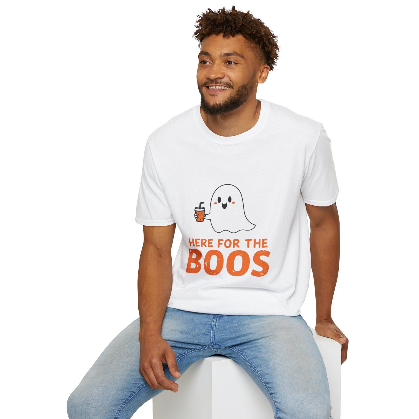 Halloween Ghost T-Shirt, Funny Halloween Tee, Unisex Softstyle Shirt, Here for the Boos Top, Cozy Halloween Apparel, Spooky Season Wear