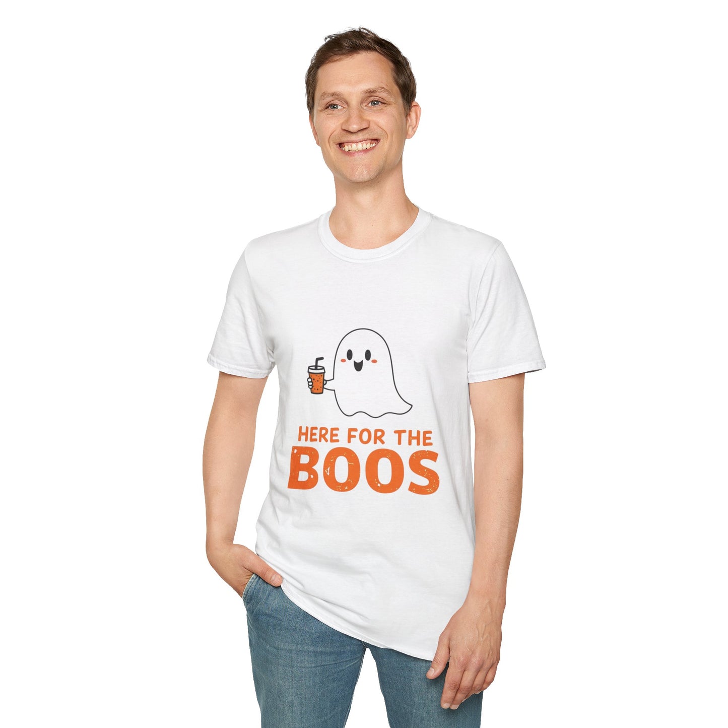Halloween Ghost T-Shirt, Funny Halloween Tee, Unisex Softstyle Shirt, Here for the Boos Top, Cozy Halloween Apparel, Spooky Season Wear