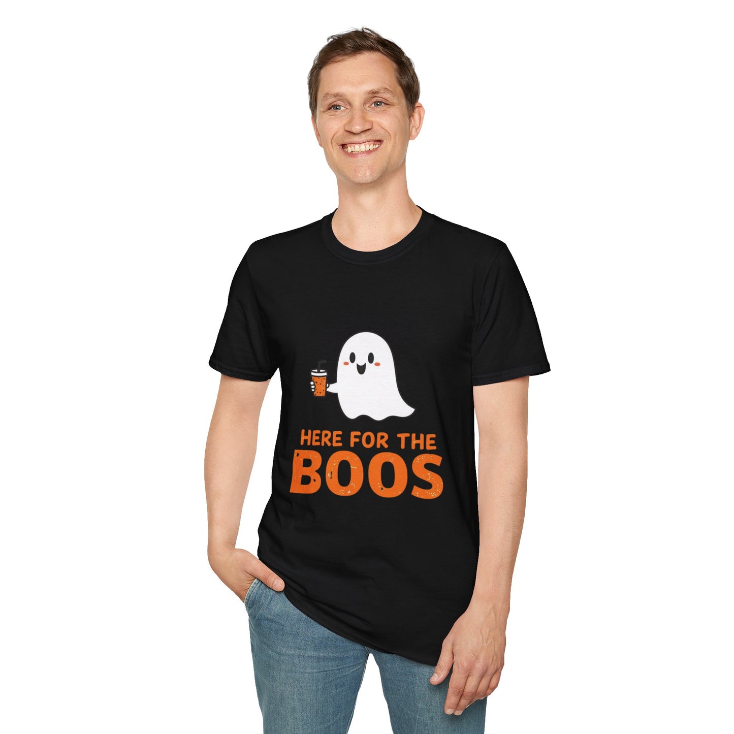 Halloween Ghost T-Shirt, Funny Halloween Tee, Unisex Softstyle Shirt, Here for the Boos Top, Cozy Halloween Apparel, Spooky Season Wear