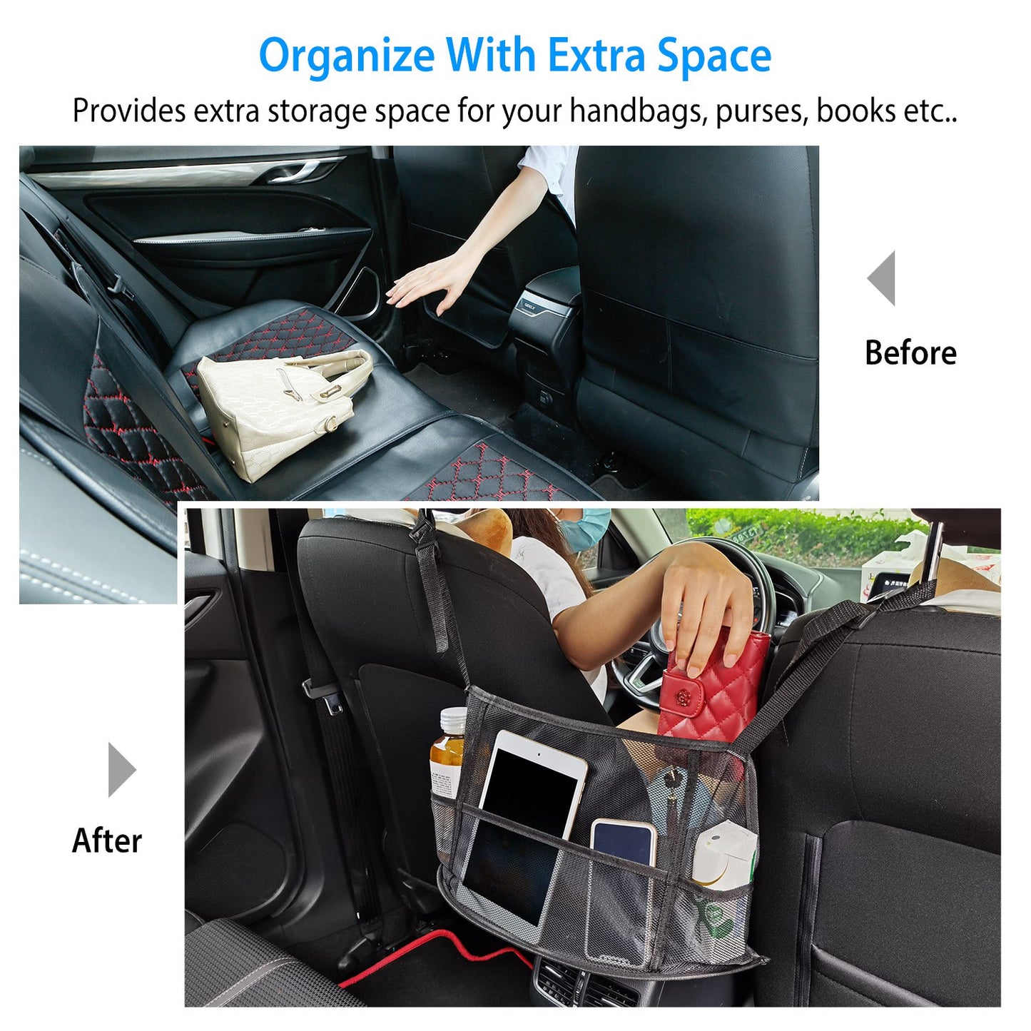 Car Seat Organizer & Pet Barrier Mesh Storage Pouch