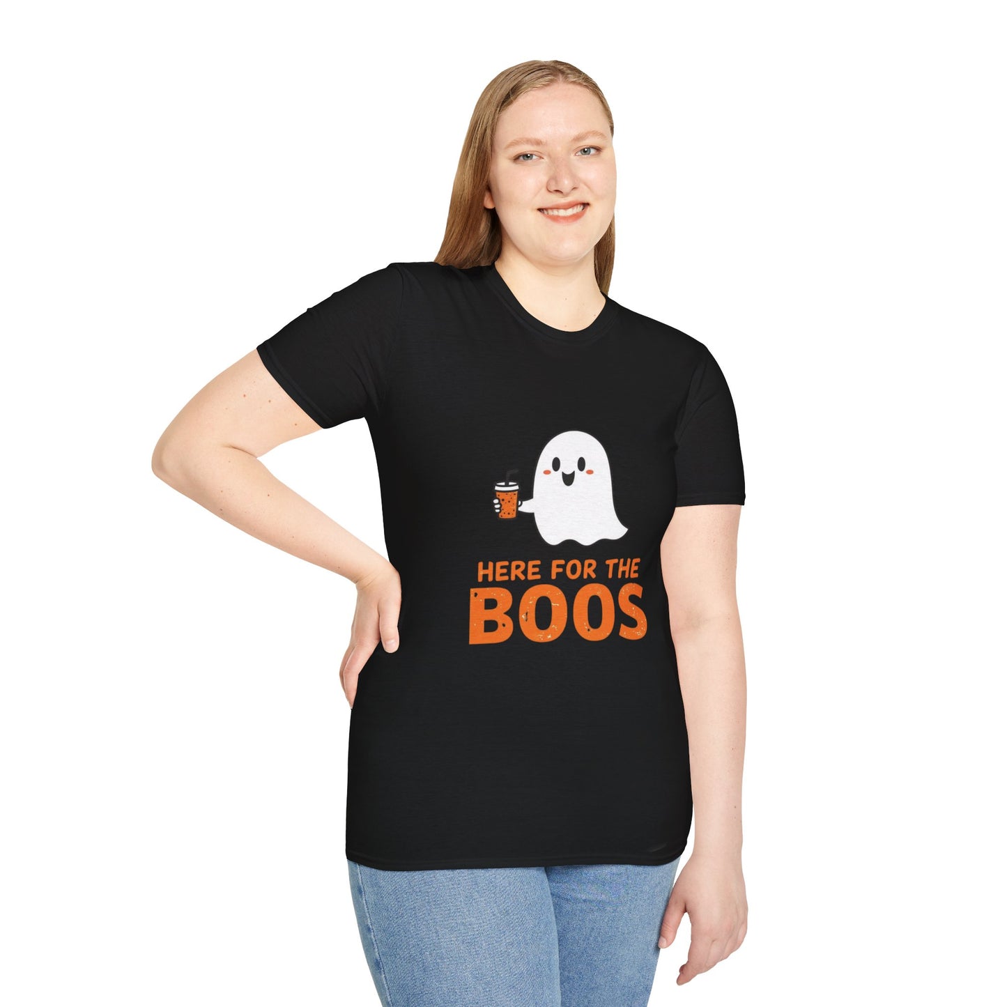 Halloween Ghost T-Shirt, Funny Halloween Tee, Unisex Softstyle Shirt, Here for the Boos Top, Cozy Halloween Apparel, Spooky Season Wear