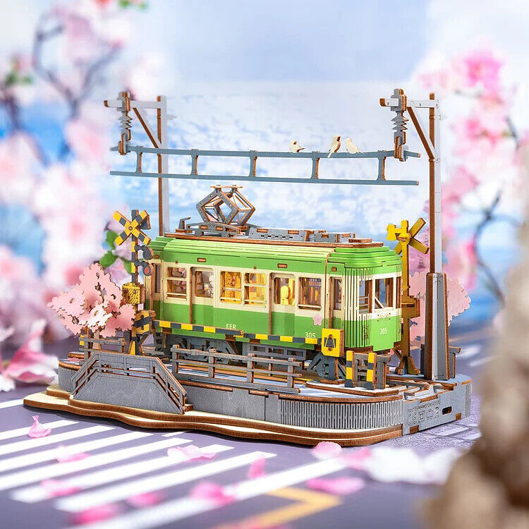 Rolife Sakura Journey Tram Car 3D Wooden Puzzle Model Kit – Creative DIY Building Toy Gift for Teens