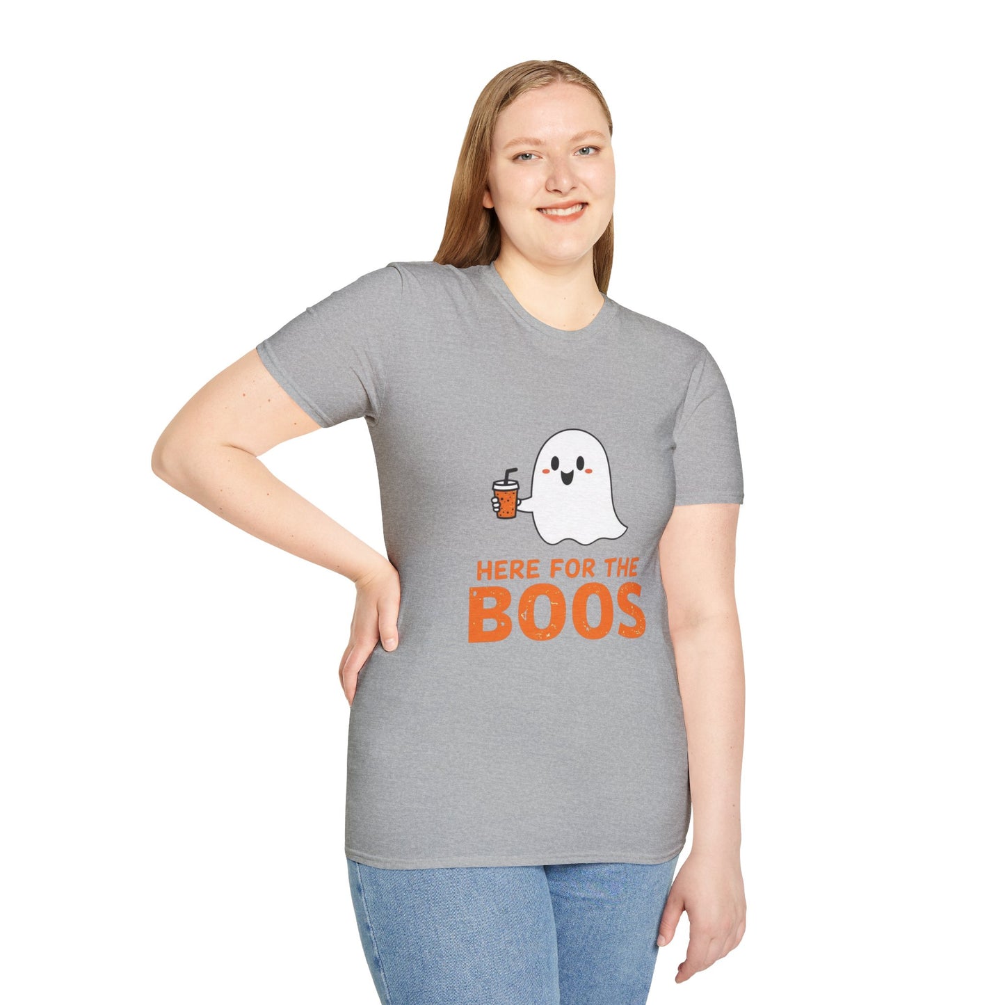 Halloween Ghost T-Shirt, Funny Halloween Tee, Unisex Softstyle Shirt, Here for the Boos Top, Cozy Halloween Apparel, Spooky Season Wear