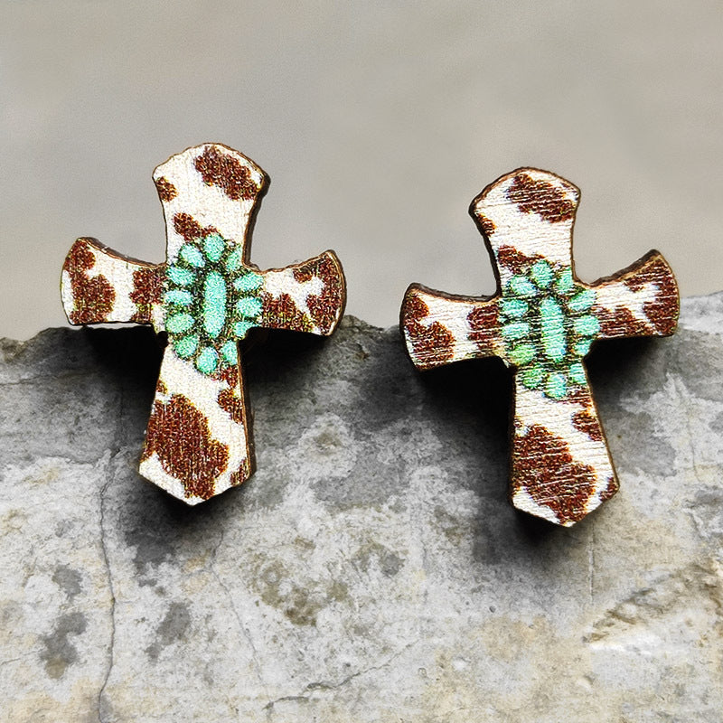 Wooden Cactus Stud Earrings Ethnic Style Leopard Print Lightning Cow Stud Earrings