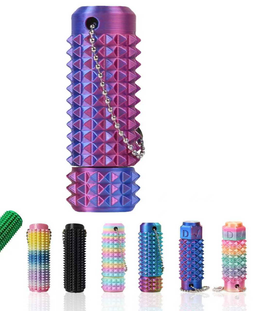 Stress Relief Fidget Keychain 28g --Thick Spike Blue-Green Grip, Rotatable Bearing For Focus & Palm Massage,