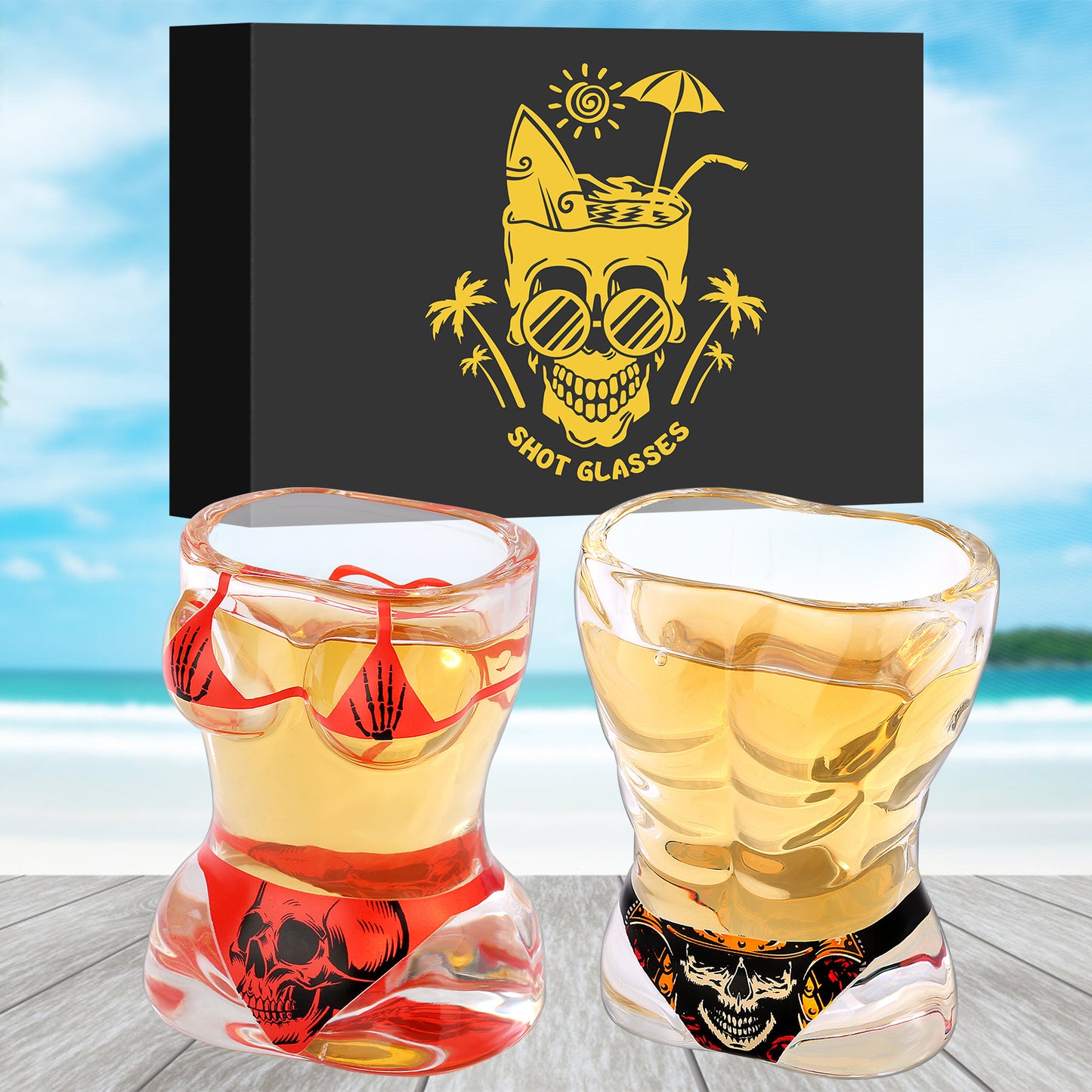 2 Pieces Skull-Style Small Shot Glasses – Black Muscle & Red Bikini Designs 🍷💀