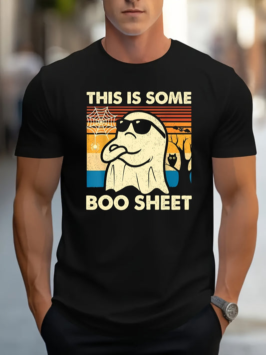 Men’s Halloween Ghost Graphic T-Shirt – Casual Round Neck Pullover, Slightly Elastic Short Sleeve