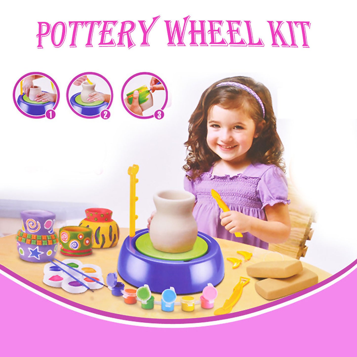 Beginner’s Pottery Wheel Kit for Kids, DIY Clay Pots Craft Set with Paints & Tools