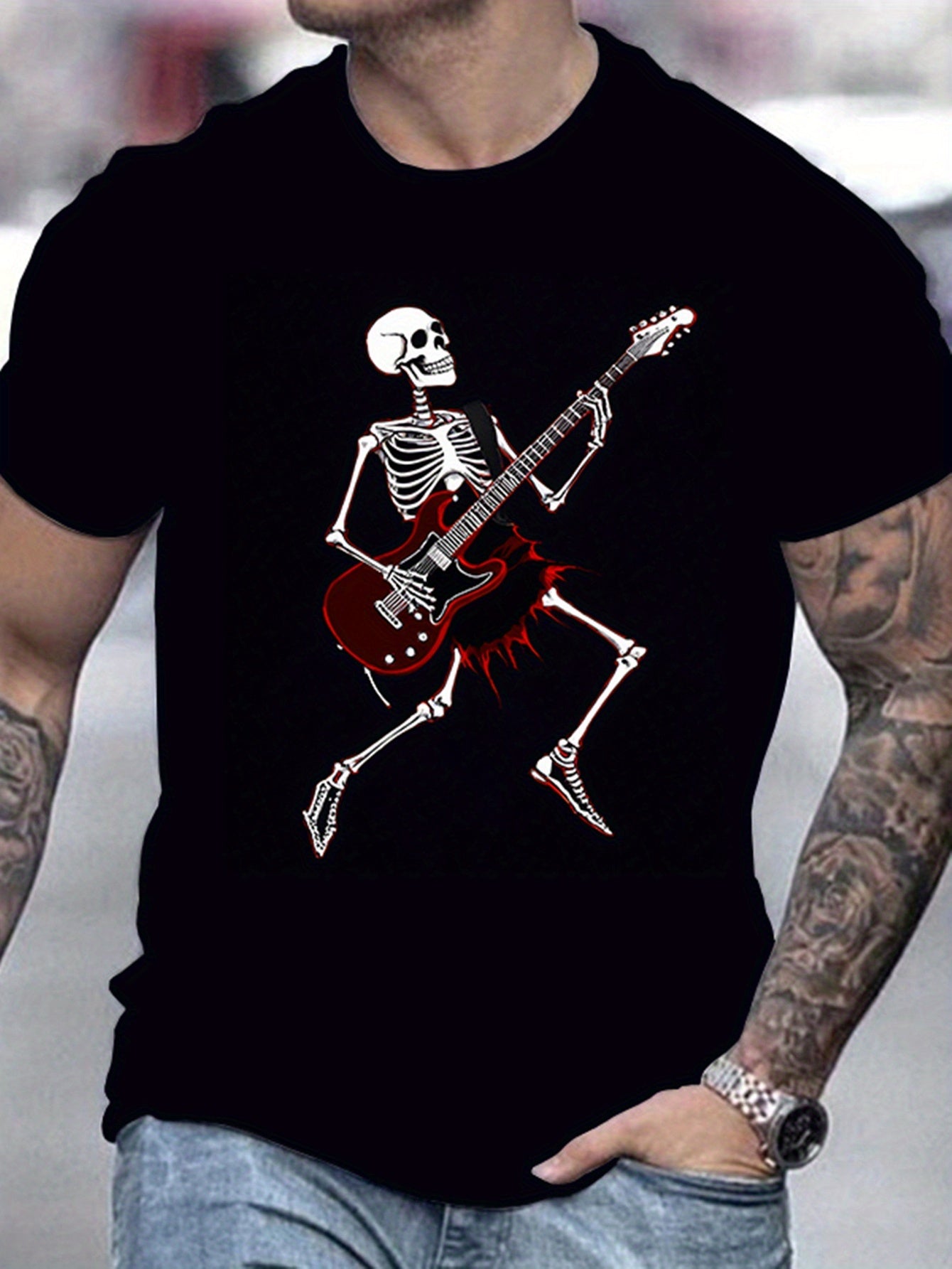 Men’s Skull Guitar Patterned T-Shirt – Summer Casual Streetwear & Halloween Party Tee