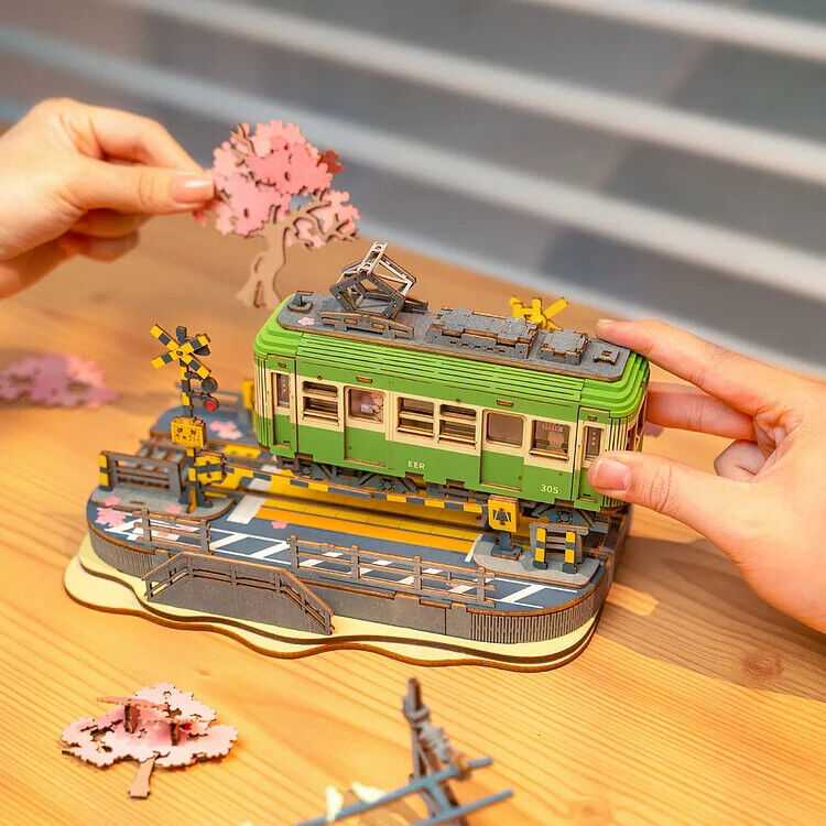 Rolife Sakura Journey Tram Car 3D Wooden Puzzle Model Kit – Creative DIY Building Toy Gift for Teens