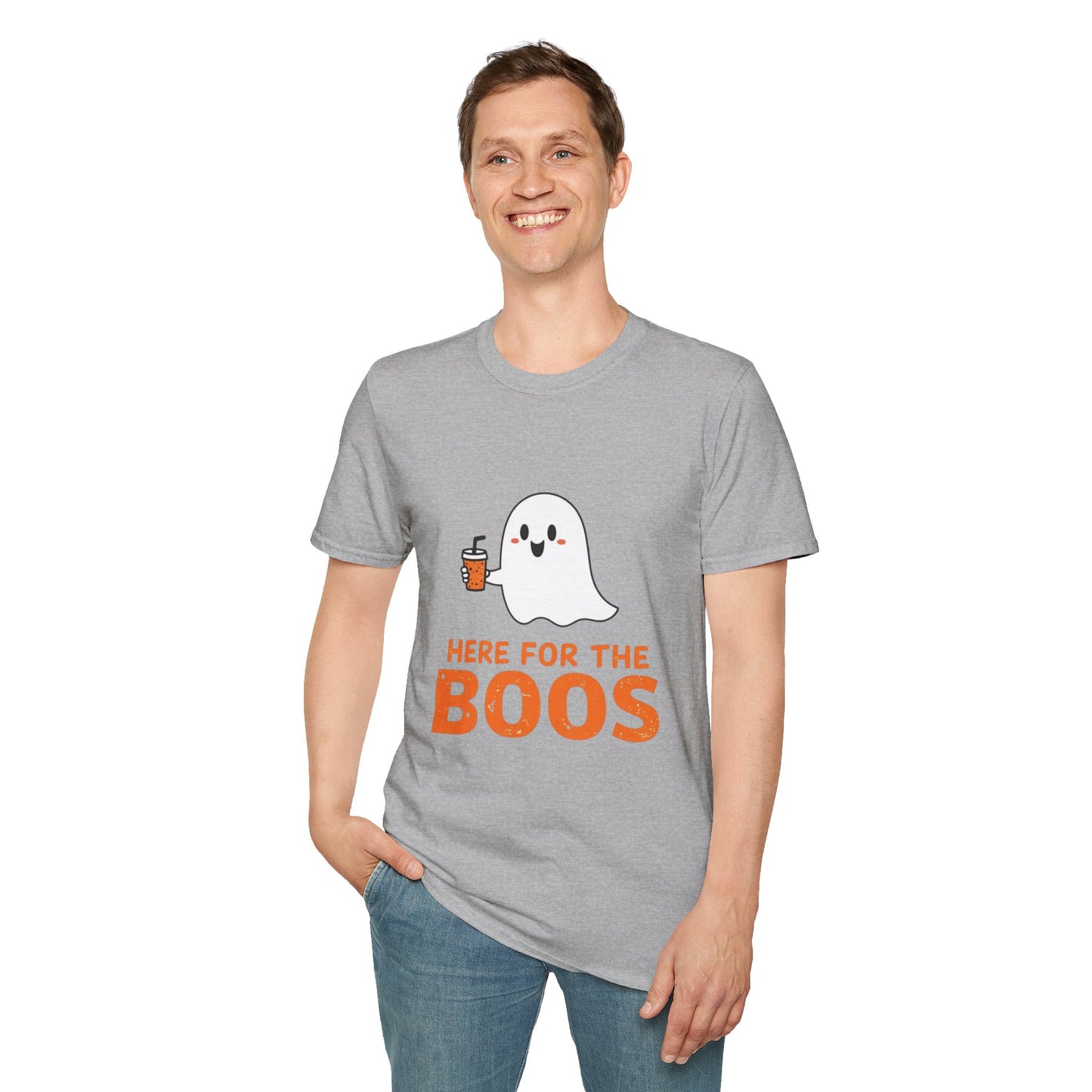 Halloween Ghost T-Shirt, Funny Halloween Tee, Unisex Softstyle Shirt, Here for the Boos Top, Cozy Halloween Apparel, Spooky Season Wear