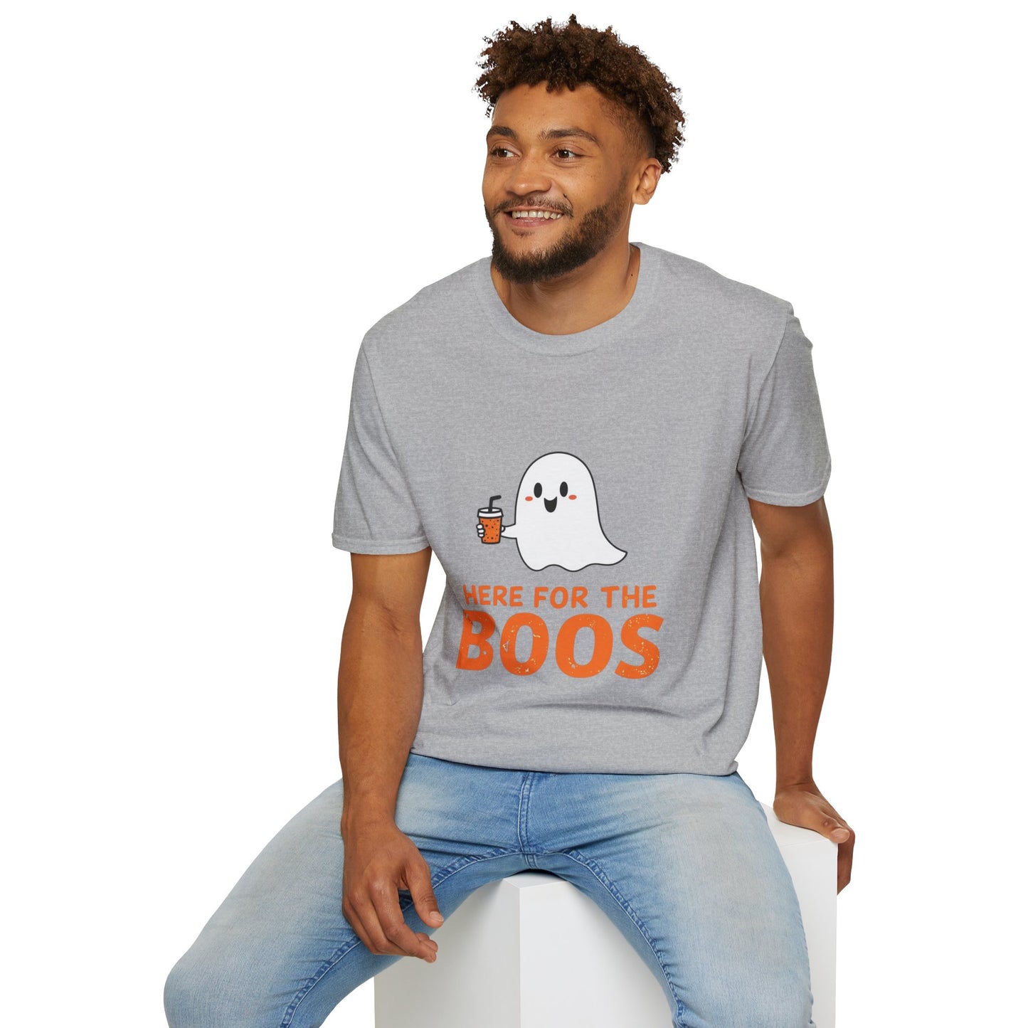 Halloween Ghost T-Shirt, Funny Halloween Tee, Unisex Softstyle Shirt, Here for the Boos Top, Cozy Halloween Apparel, Spooky Season Wear