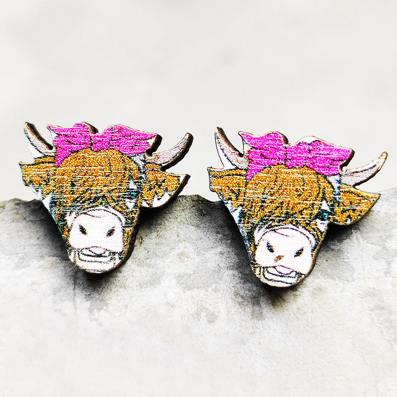 Wooden Cactus Stud Earrings Ethnic Style Leopard Print Lightning Cow Stud Earrings