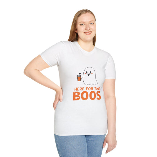 Halloween Ghost T-Shirt, Funny Halloween Tee, Unisex Softstyle Shirt, Here for the Boos Top, Cozy Halloween Apparel, Spooky Season Wear