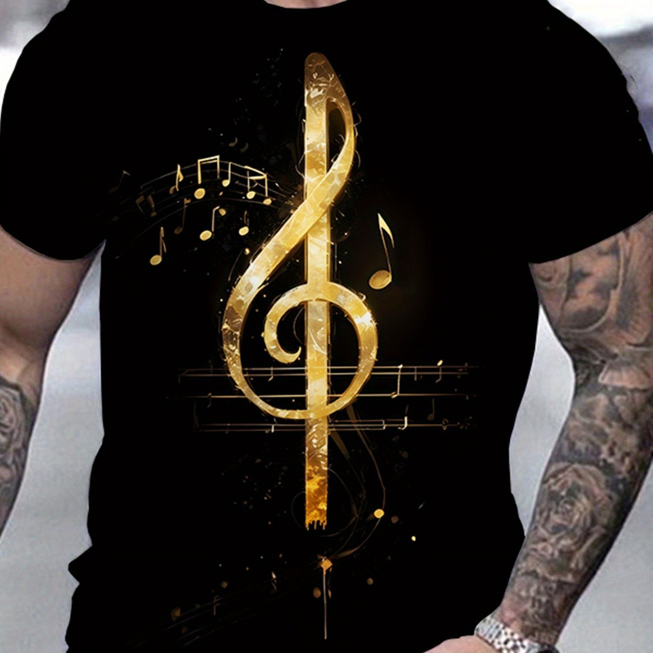 Men's Casual Summer T-shirt With Geometric Notes And Music Symbol Prints, Ideal For Gift Giving