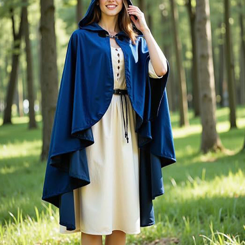 Women's Solid Color Vintage Style Hooded Cloak Cape With Buttons - Medieval Renaissance Costume Cape