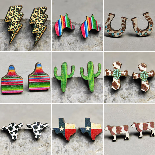 Wooden Cactus Stud Earrings Ethnic Style Leopard Print Lightning Cow Stud Earrings
