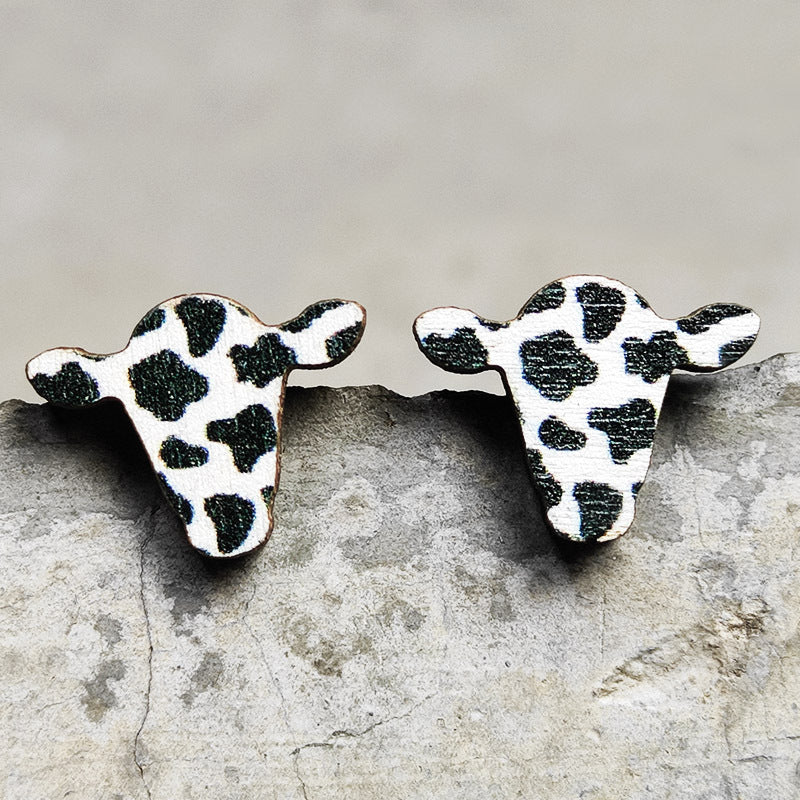 Wooden Cactus Stud Earrings Ethnic Style Leopard Print Lightning Cow Stud Earrings