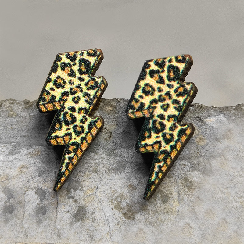 Wooden Cactus Stud Earrings Ethnic Style Leopard Print Lightning Cow Stud Earrings