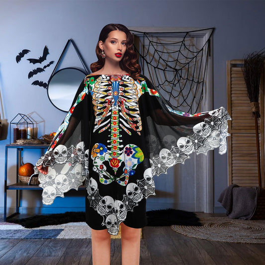 Halloween Skeleton Poncho, Lace Skeleton Halloween Costume Poncho Day Of The Dead Colorful Poncho For Women, 59 Inchx59 Inch-Cannot Be Listed On Amazon Platform