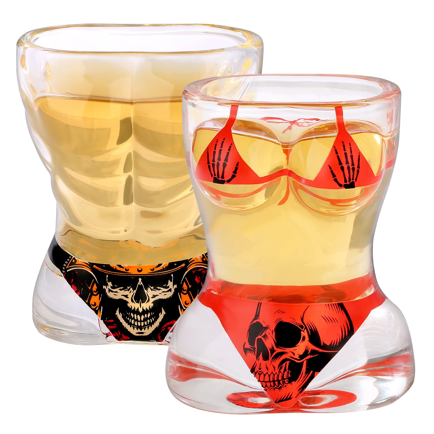 2 Pieces Skull-Style Small Shot Glasses – Black Muscle & Red Bikini Designs 🍷💀