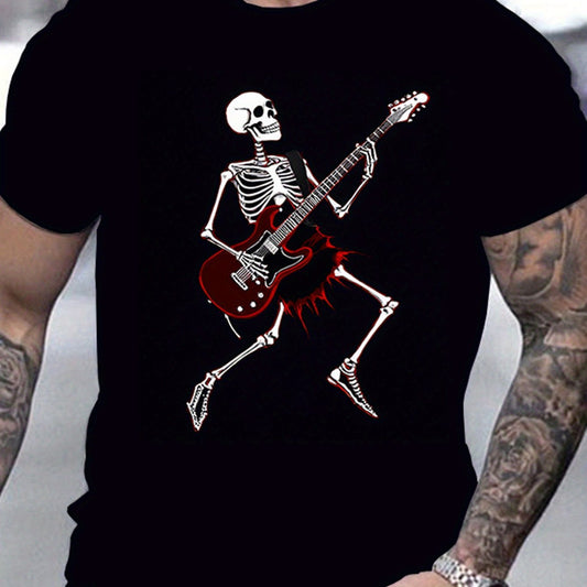 Men’s Skull Guitar Patterned T-Shirt – Summer Casual Streetwear & Halloween Party Tee