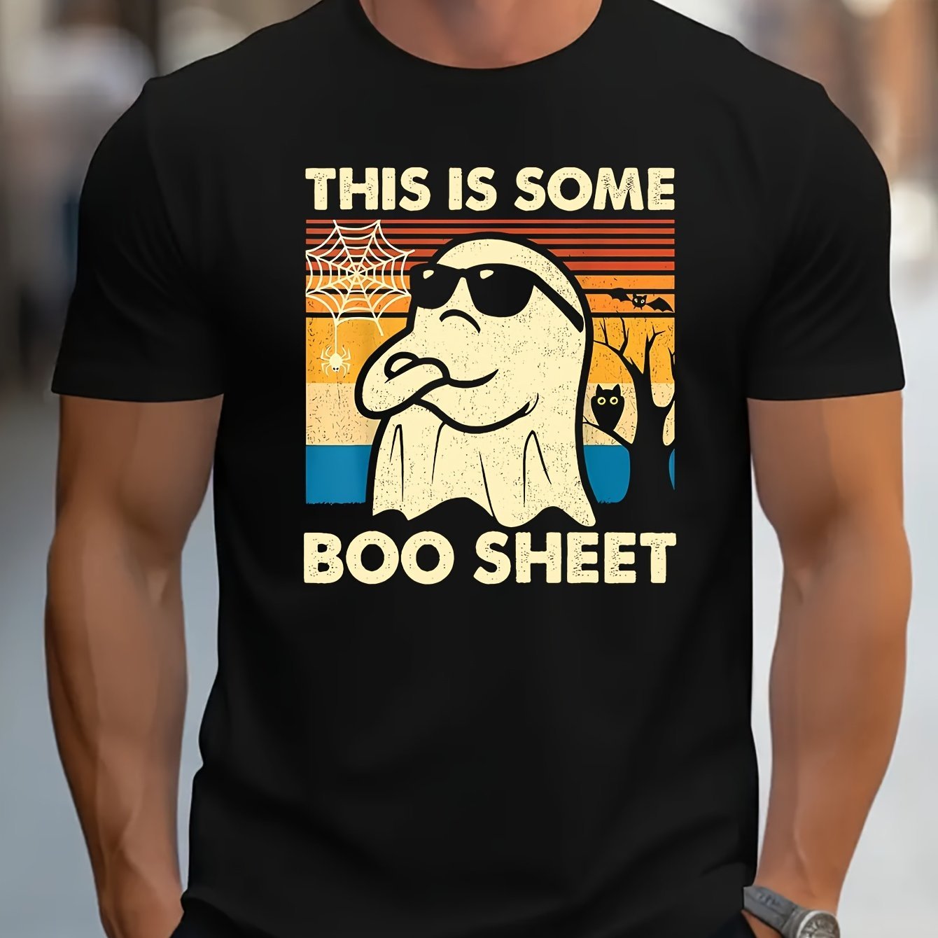 Men’s Halloween Ghost Graphic T-Shirt – Casual Round Neck Pullover, Slightly Elastic Short Sleeve