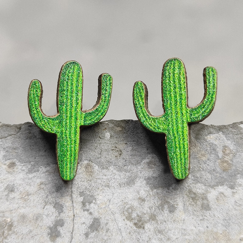 Wooden Cactus Stud Earrings Ethnic Style Leopard Print Lightning Cow Stud Earrings