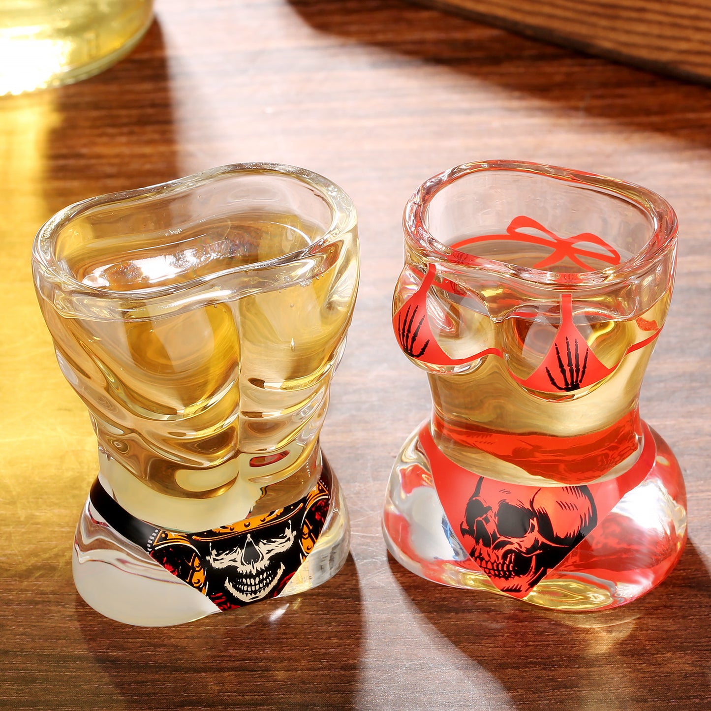 2 Pieces Skull-Style Small Shot Glasses – Black Muscle & Red Bikini Designs 🍷💀