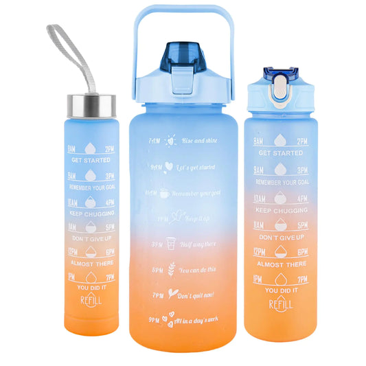 3-Pack Motivational Water Bottle Set – 64oz, 32oz & 10oz Leakproof BPA-Free Hydration Bottles with Time Markers & Straw